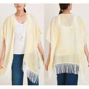 CHICO'S 100% Linen Lightweight Yellow Paisley Ruana Wrap Fringe Size L/XL
